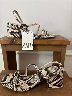 ZARA Beige and Black Snake-Print Block Heel Sandals